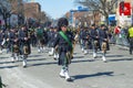 Military Bagpipers in Saint Patrick`s Day parade Boston, USA Royalty Free Stock Photo