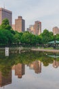 Frog Pond in Boston Common with reflection of buildings and locals walkings and resting by the water