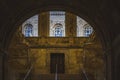 Boston, USA - October 22, 2021: Interior entrance to the Boston Public Library with arched windows. Steps to go up