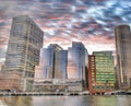 Boston Waterfront skyline. City buildings at sunset seen from Fort Point Channel