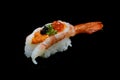 Botan ebi sushi or Spacial premium king shrimp sushi mixed by ikura and caviar top on Japanese rice. Japanese tradition food