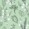 Botanic digital painting, seamless pattern with plants on green background with white dots