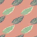 Botanic green leaf silhouettes seamless pattern in doodle style. Pink pastel background. Simple style Royalty Free Stock Photo