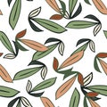 Botanic isolated seamless pattern with pink and green leaf outline print. White background