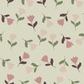 Botanic nature seamless pattern with random little simple tulip flowers elements. Grey background