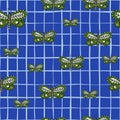 Botanic print seamless pattern with hand drawn random green butterflies. Blue chequered background Royalty Free Stock Photo