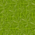 Botanic seamless pattern with abstract monstera silouettes. Random green print on chequered background