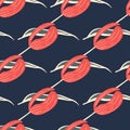 Botanic seamless pattern with bright pink simple tulip flowers elements. Navy blue background Royalty Free Stock Photo