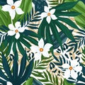 Botanic seamless pattern with exotic flowers, jungle plants, leaves, animal skin, hand drawn background. Abstract floral Royalty Free Stock Photo