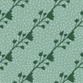 Botanic seamless pattern with green floral silhouette. Blue background with dots Royalty Free Stock Photo