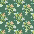 Botanic seamless pattern with green flowers silhouettes and little daisy elements in blue and pink colors. Green