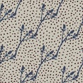 Botanic seamless pattern with navy blue thorn branches. Grey background with dots. Creative floral print Royalty Free Stock Photo