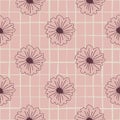 Botanic seamless pattern with outline daisy flowers. Pastel pink background with white check