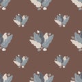 Botanic sketch seamless pattern with blue pastel leaf silhouettes. Brown background