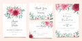 Botanic wedding invitation card template set with burgundy and peach watercolor flowers. Abstract background of floral and glitter Royalty Free Stock Photo