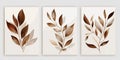 Botanical abstract leaves wall art. Foliage and branches with golden, brown and beige colors