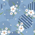 Botanical abstract seamless pattern. Modern creative vector texture. White flower and on polka dots geometric background Royalty Free Stock Photo
