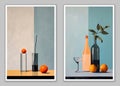 Botanical Abstract Wall Art Set in Vases, Still Life, Pastel Color Painting, Modern Contemporary Minimalist Design Royalty Free Stock Photo