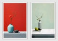 Botanical Abstract Wall Art Set in Vases, Still Life, Pastel Color Painting, Modern Contemporary Minimalist Design Royalty Free Stock Photo