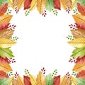 Botanical autumn frame with stylized golden, green, red, brown leaves and twigs