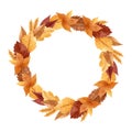 Botanical autumn wreath with golden, brown leaves and wheat ears
