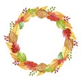 Botanical autumn wreath with stylized golden, green, red, brown leaves and twigs Royalty Free Stock Photo