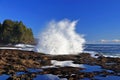 Botanical Beach with Spray of Breaking Wave on Sandstone Shelf with Tidal Pools, Vancouver Island, British Columbia Royalty Free Stock Photo