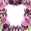 Botanical blank for text. Watercolor Tulips flowers. Perfect for invitation, wedding or greeting cards.