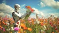Botanical Bliss: White Robot Harvesting a Summer Meadow Bouquet