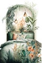 Botanical boho style bedroom, watercolour Painted, Illustration