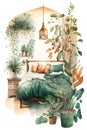 Botanical boho style bedroom, watercolour Painted, Illustration