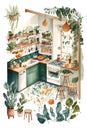 Botanical boho style kitchen, watercolour Painted, Illustration