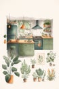 Botanical boho style kitchen, watercolour Painted, Illustration