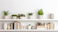 Botanical Bookshelf An array of indoor plants nestled among books on white shelves, creating a cozy and vibrant corner