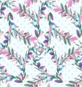 Seamless pattern with botanical, branches on polka dots for textile print, wallpaper.