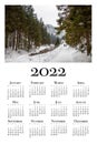 Botanical calendar for 2022. Printable wall calendar, week starts on Monday. Beautiful winter landscape in the Polish mountains