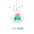 Botanical card with cute cactus in florarium and hearts on white background. Succulent in doodle style. Vector