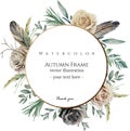 Botanical circle decorative frame with roses, watercolor vector illustration. Geometrical dark golden thin border. Royalty Free Stock Photo