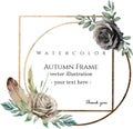 Botanical circle and square decorative frames with roses and feather. Geometrical old golden thin border.