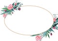 Botanical composition of flowers and buds of roses, decorative twigs and green leaves on a white background with an oval frame. Fl