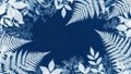 Botanical cyanotype frame with delicate fern and leaf patterns on a deep blue background Royalty Free Stock Photo