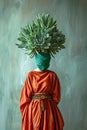 Botanical Elegance: An unrecognizable fashion model embraces avant-garde with a succulent in place of her head.