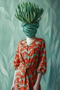 Botanical Elegance: An unrecognizable fashion model embraces avant-garde with a succulent in place of her head.