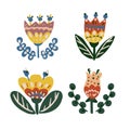 Botanical elements for design. Flowers in folk ethnic style. For making patterns, invitations, postcards. Rustic folklore. Bright