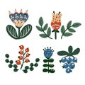 Botanical elements for design. Flowers in folk ethnic style. For making patterns, invitations, postcards. Rustic folklore. Bright