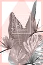 Botanical exotic tropical invitation card template design. Monstera philodendron plant strelitzia bird paradise flowers.