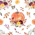 Botanical fall floral print, seamless pattern with watercolor pumpkins, flowers and leaves on white background. Autumn design Royalty Free Stock Photo