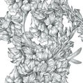 Botanical floral flower pencil drawing sketch seamless ornate pattern black and white texture background for invitations