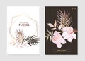 Botanical floral set with wild hibiscus flower, tender palm leaves, plumeria bloom and geometric gold shape. Anniversary brochure