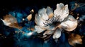 Botanical flowers with one big flower for whole artwork flowing alcohol ink style bioluminescence navy blue background, white,